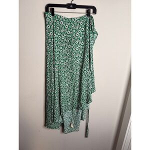 FRNCH PARIS Green Daisy Print Asymmetrical Ruffle Midi Wrap Skirt Size L